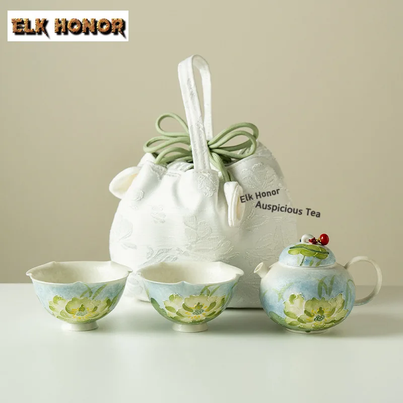 

Hand Painted Lotus Lake Travel Tea Set Kit Japanese 1 Pot 2 Cup Tea Making Organizer Portable Camping Tote Bag Tea Services Gift