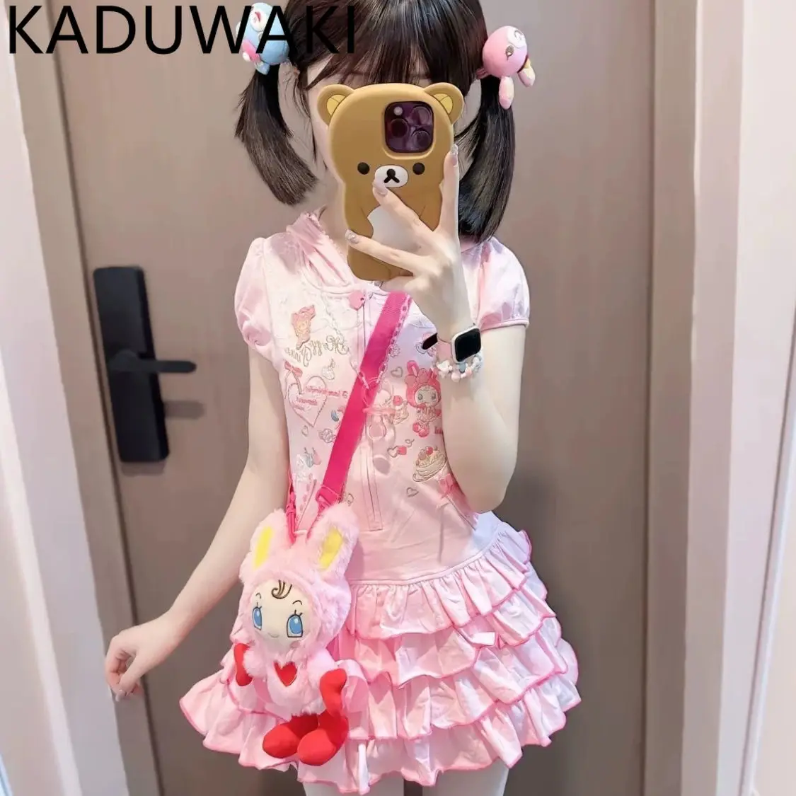 

Japan Style Kawaii Hooded Suspender Dress Cartoon Embroidery Short Sleeve Cake Dresses Summer 2025 New All-match Vestidos
