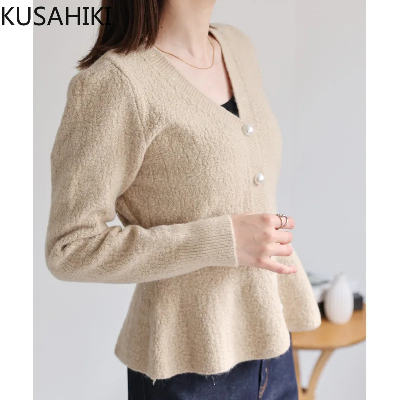 KUSAHIKI New Korean Short V-neck Shiny Cardigans Fashion Single Breasted Slim Waist Ruffle Chic 2024 Autumn Cardigan Coat