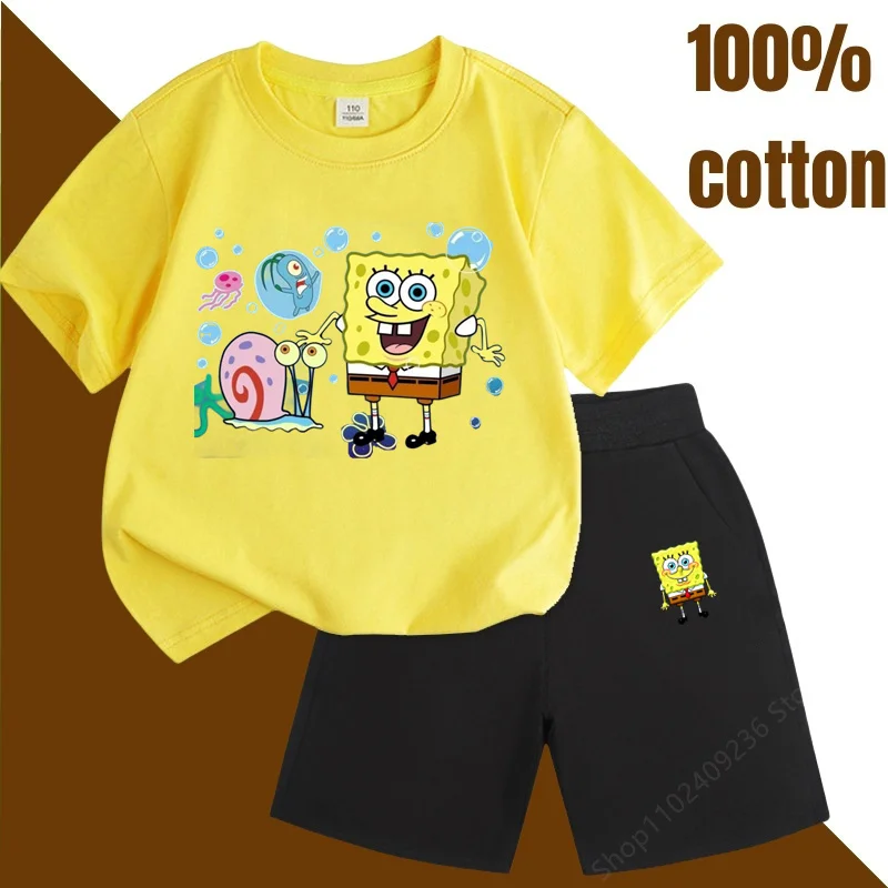 2024 New Cartoon Spongebob Stitched 100% Cotton Suit Children  Summer Children T-Shirt Boys Girls Short Sleeve Child Sets