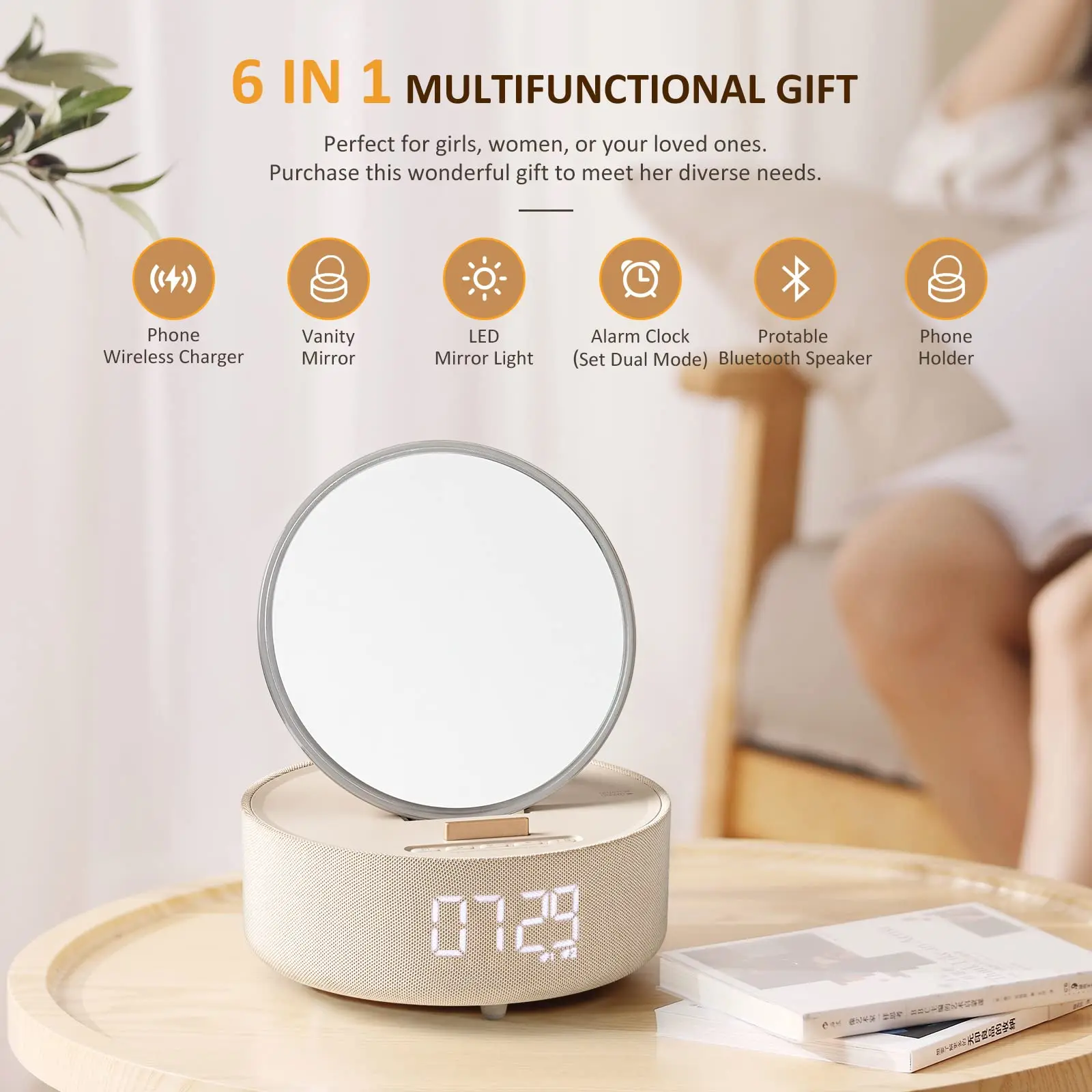 COLSUR S33 Bluetooth Speaker with Digital Alarm Clock Fast Wireless Charging Night Light Bring a Makeup Mirror Girl Gift