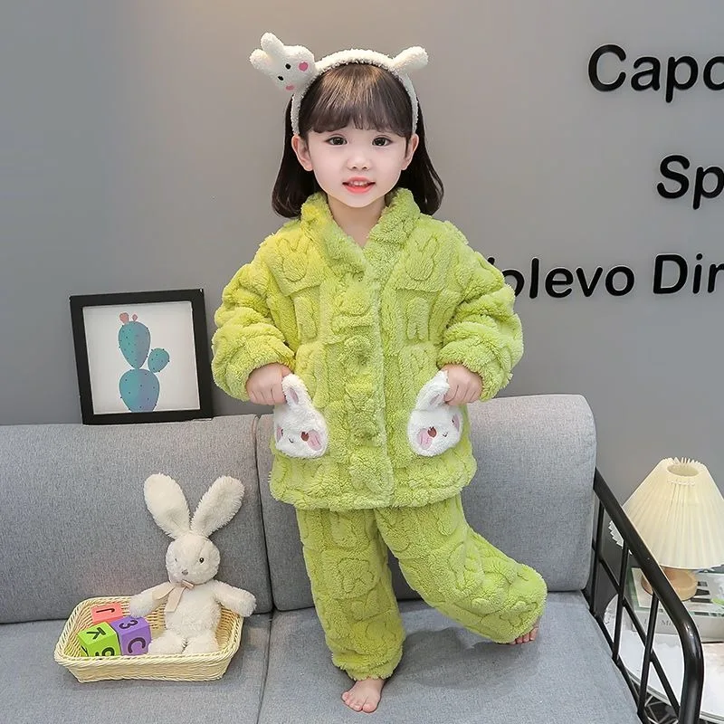 

Kids Autumn Winter Coral Fleece Sleepwear 2 Piece Set Warm Cozy Pajamas for Boys Girls Thickened Fleece