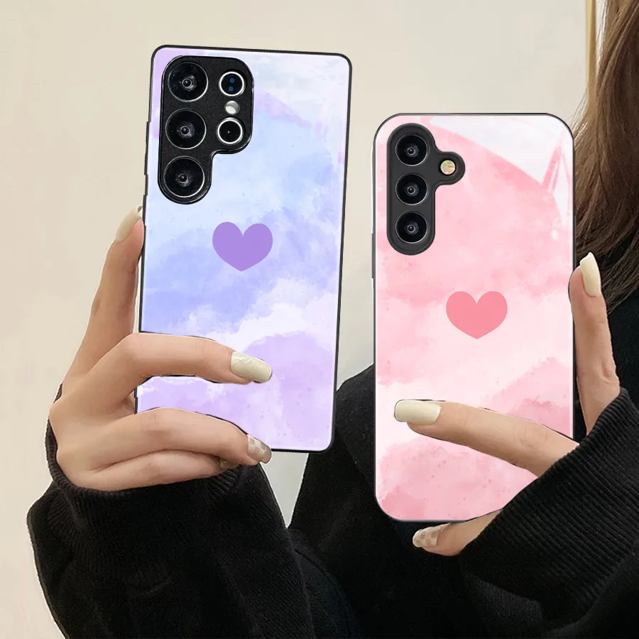 Love Heart Couple Case For Samsung S23 S24 S21 S20 S25 FE S22 Plus Note 20 Ultra 5G Tempered Glass Phone Case