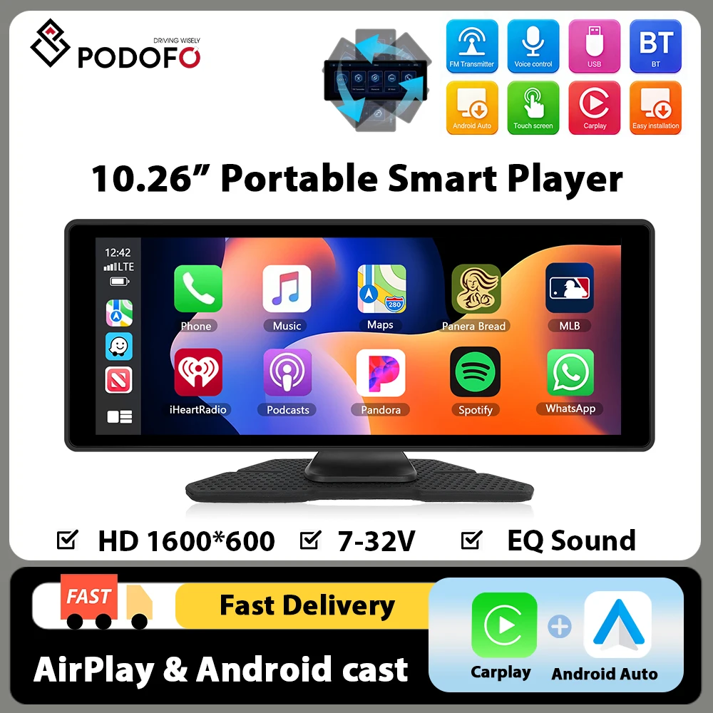 Podofo 10,26 Zoll Tragbarer Smart Player Carplay Android Auto Autoradio Bluetooth FM AUX Auto-Monitor Airplay-Unterstützung CVBS-Kamera