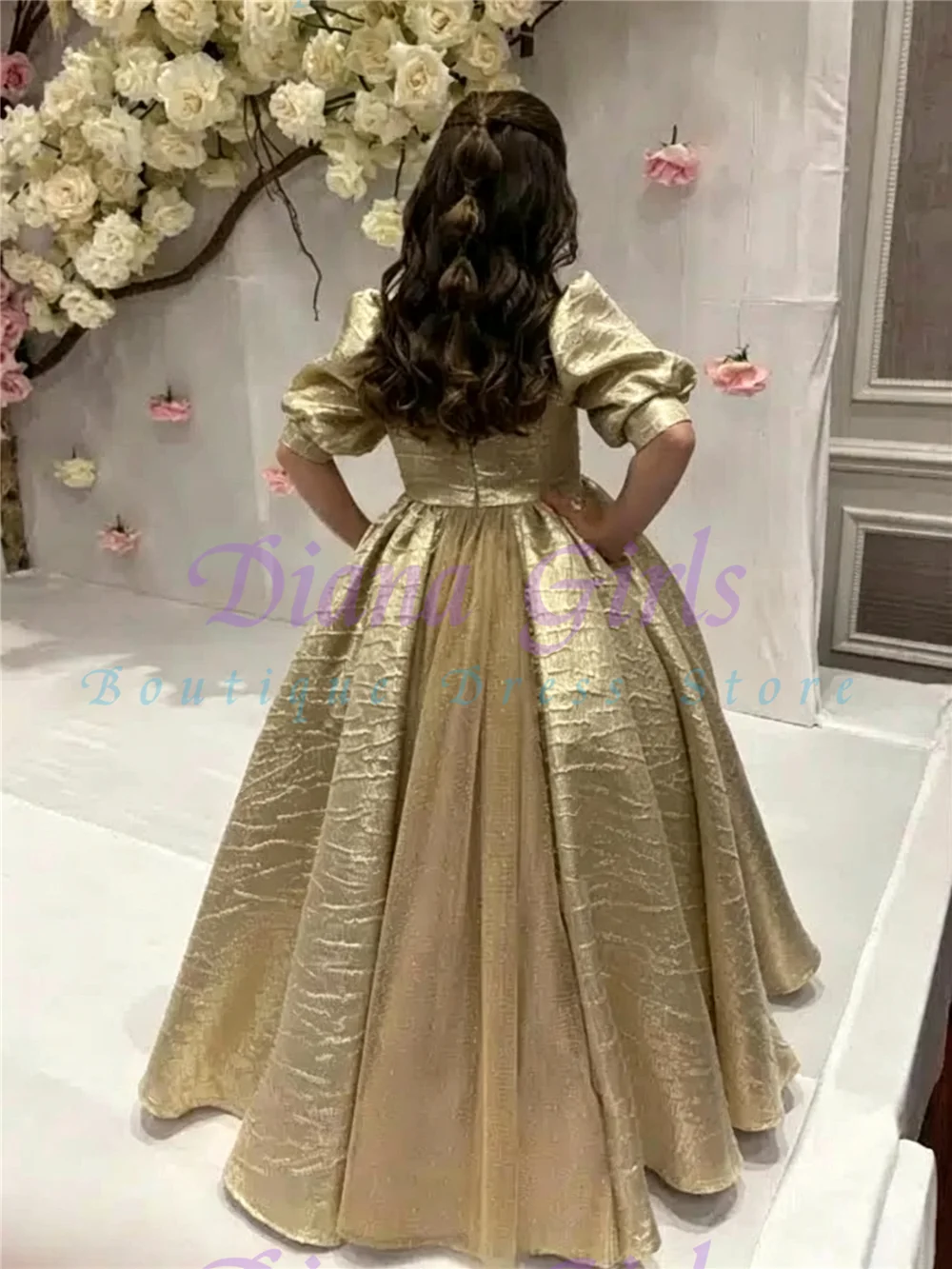 Little Princess Flower Girl Dress for Wedding Girls High Waist Ball Gown with Peter Pan Collar & Puff Sleeves Custom Party Dress