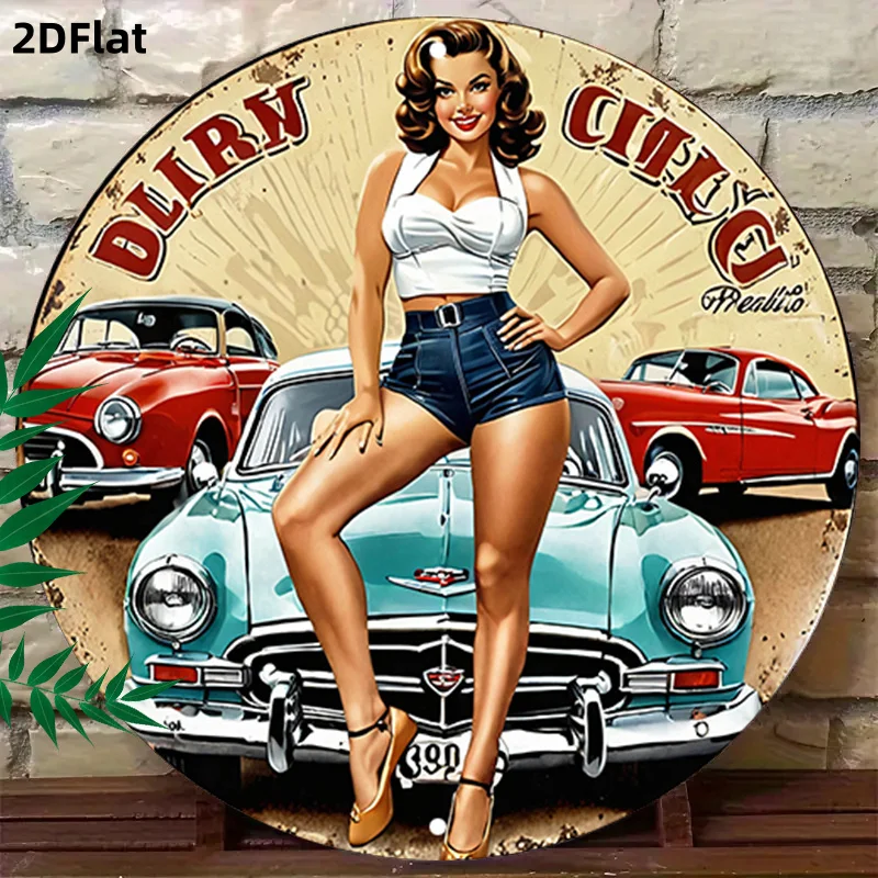 2D Flat-Round Sign Featuring a 2D Flat Retro Pinup Design,This Vintage Car Wall Art Serves As a Classic Decorative Plaque