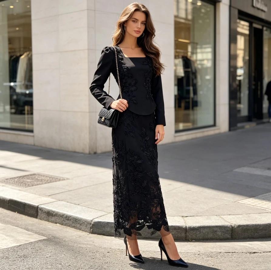 Muslim Top Long Skirt 2 Piece Set Women A Line Skirts Square Neck Lace Up  Floral Embroidery Splice Mesh Party Night Slim Fit