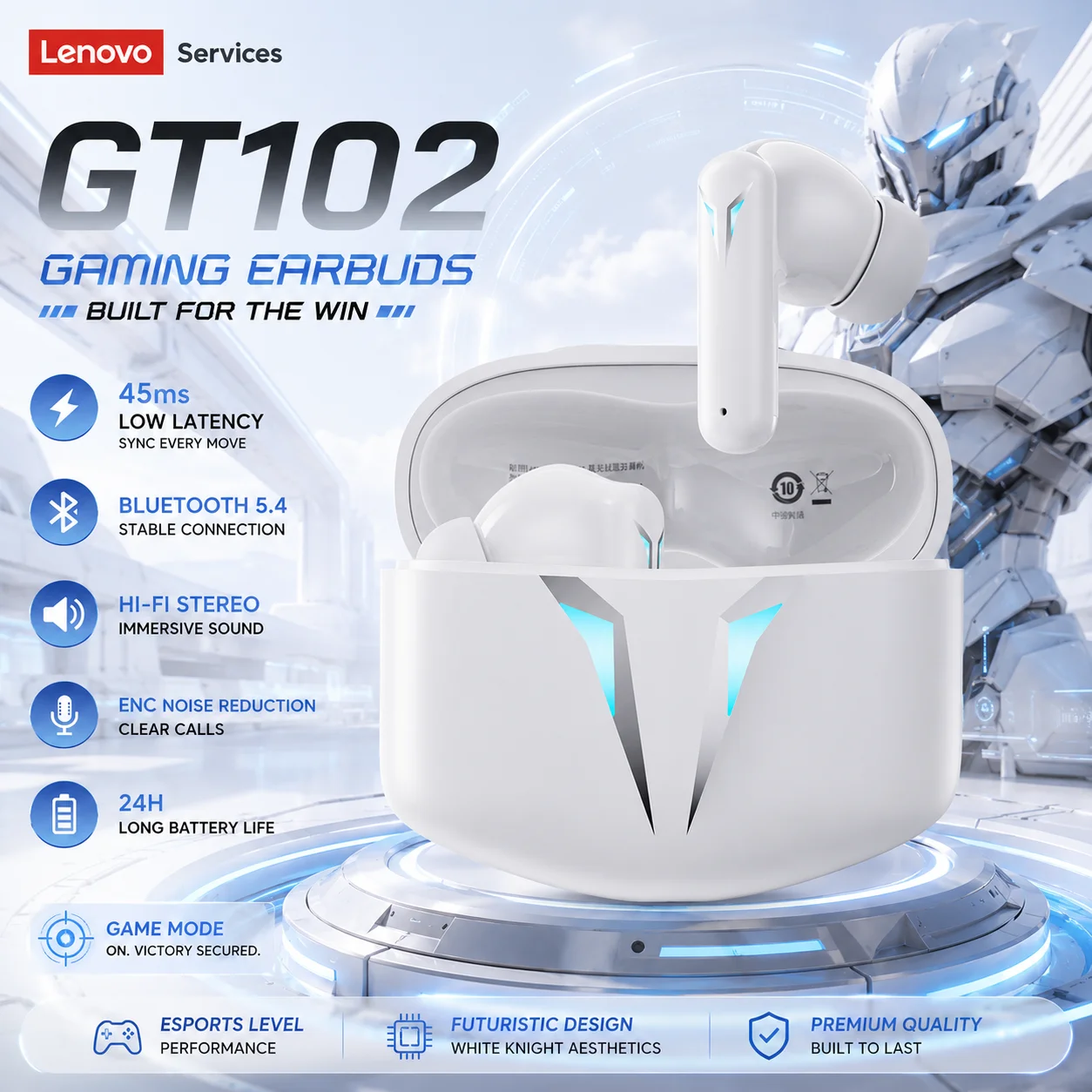 Lenovo GT105 Wireless Bluetooth Earphones Special For Gaming Lightweight Ergonomic Half Earbuds Long Battery Life Sports Headset