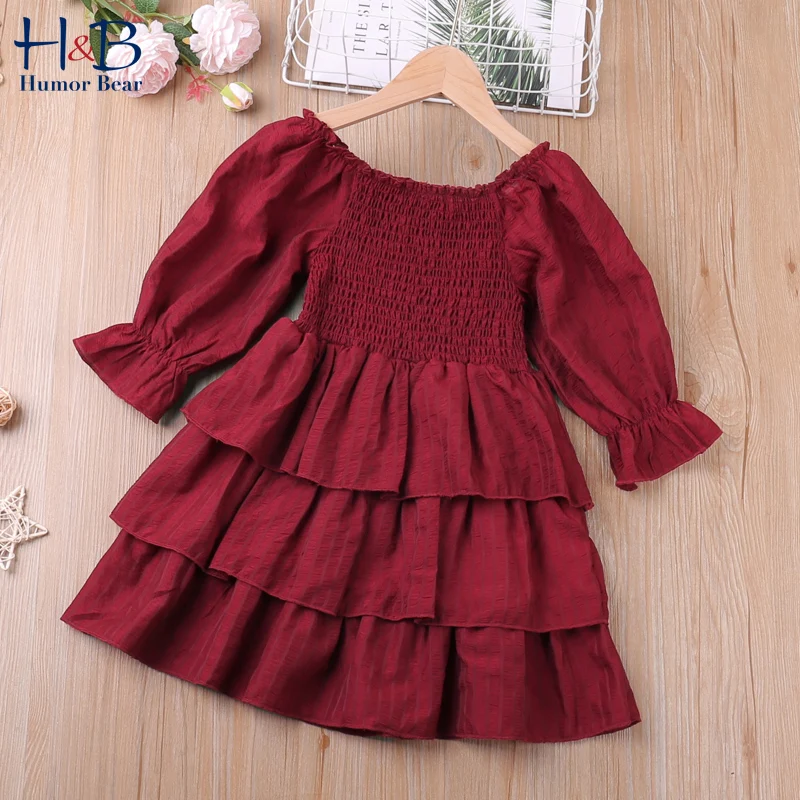 

Humor Bear Girls Puff Sleeve Dress New Summer Bowknot Decoration Solid Toddler Children Clothes For 2-6Y