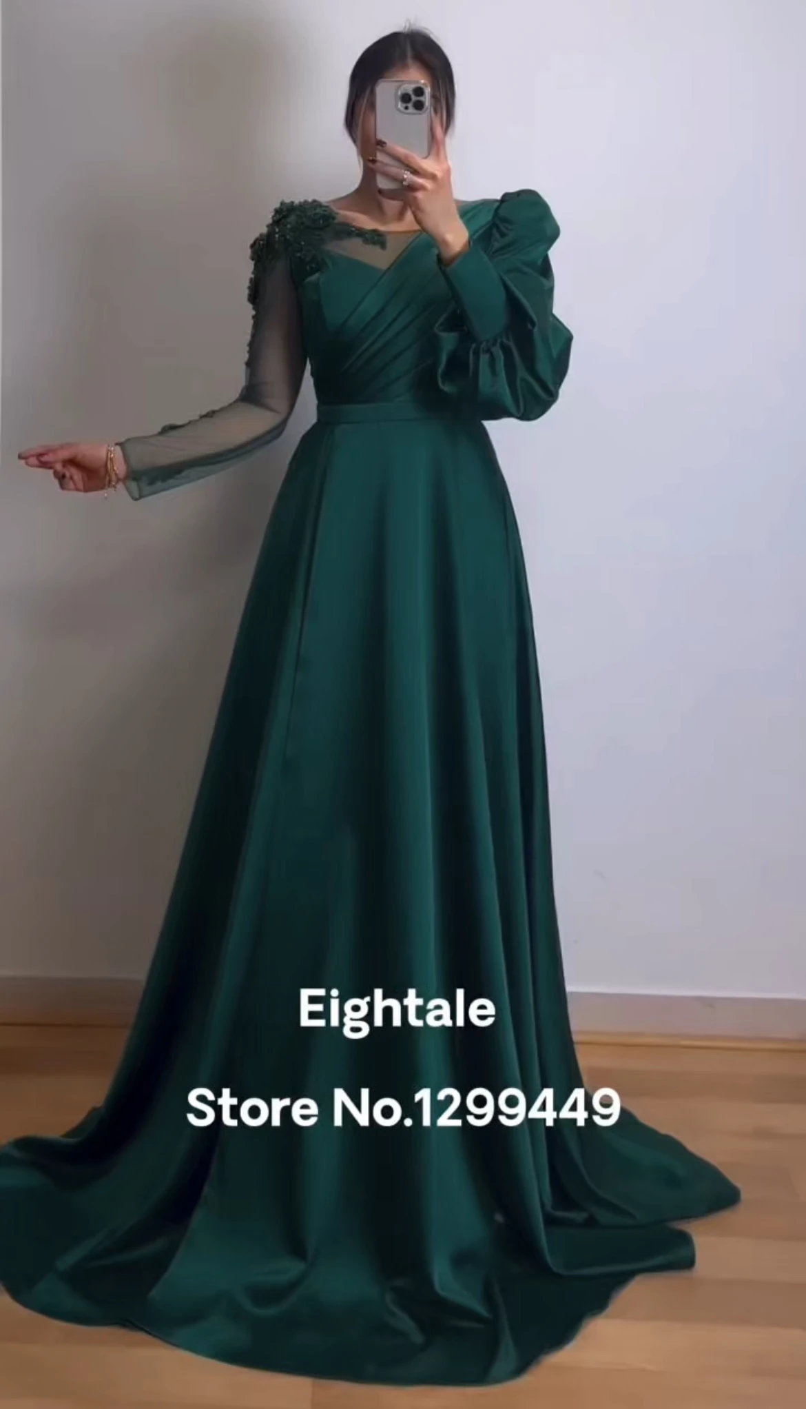 Eightale Evening Dresses Appliques Beaded Long Sleeve A-Line Customized Muslim Arabic Prom Gown For Wedding Party robe de soirée