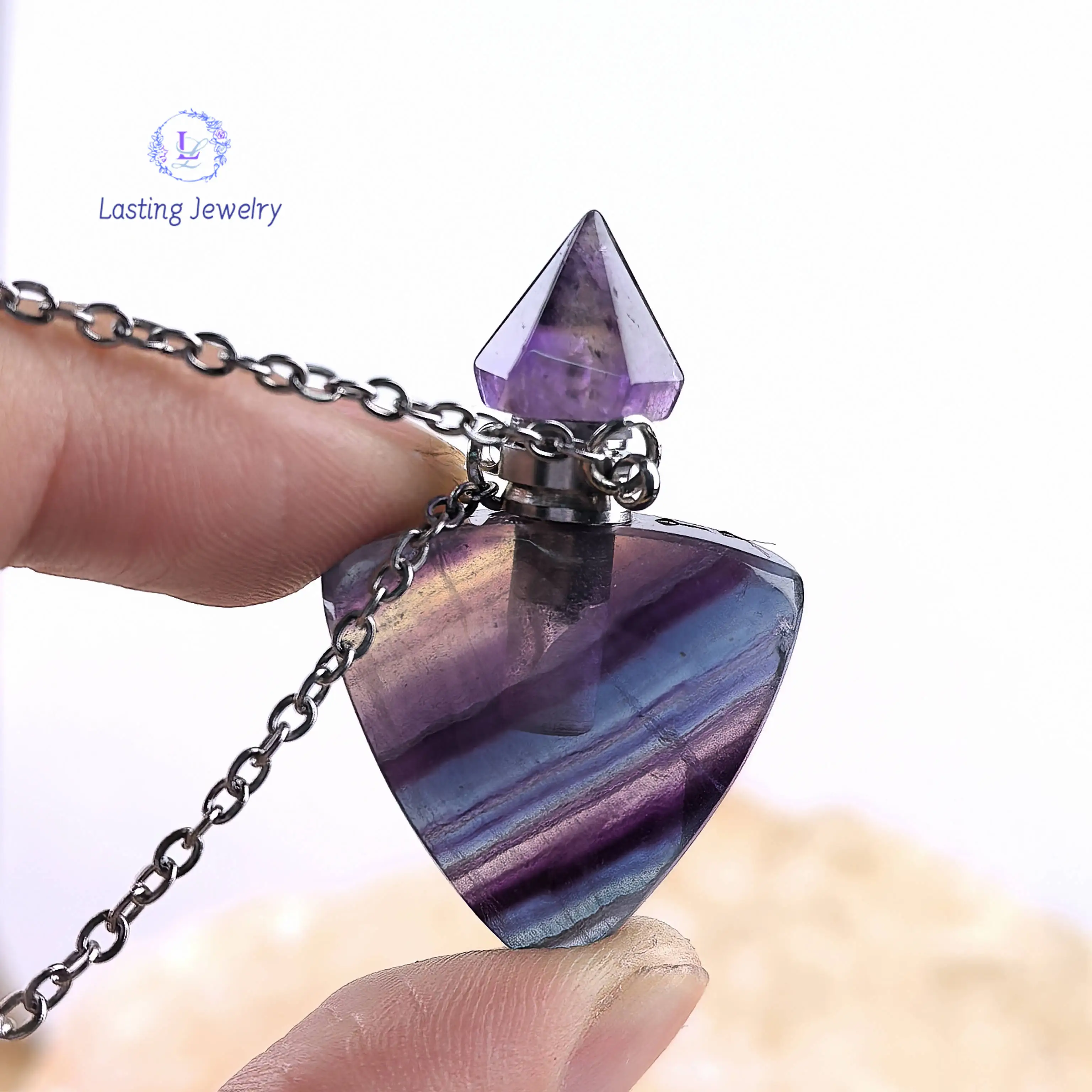 Triangle Fluorite Essential Oil Diffuser Vial Pendants Healing Crystal Quartz Obsidian Perfume Bottle Charms Necklace Jewelry