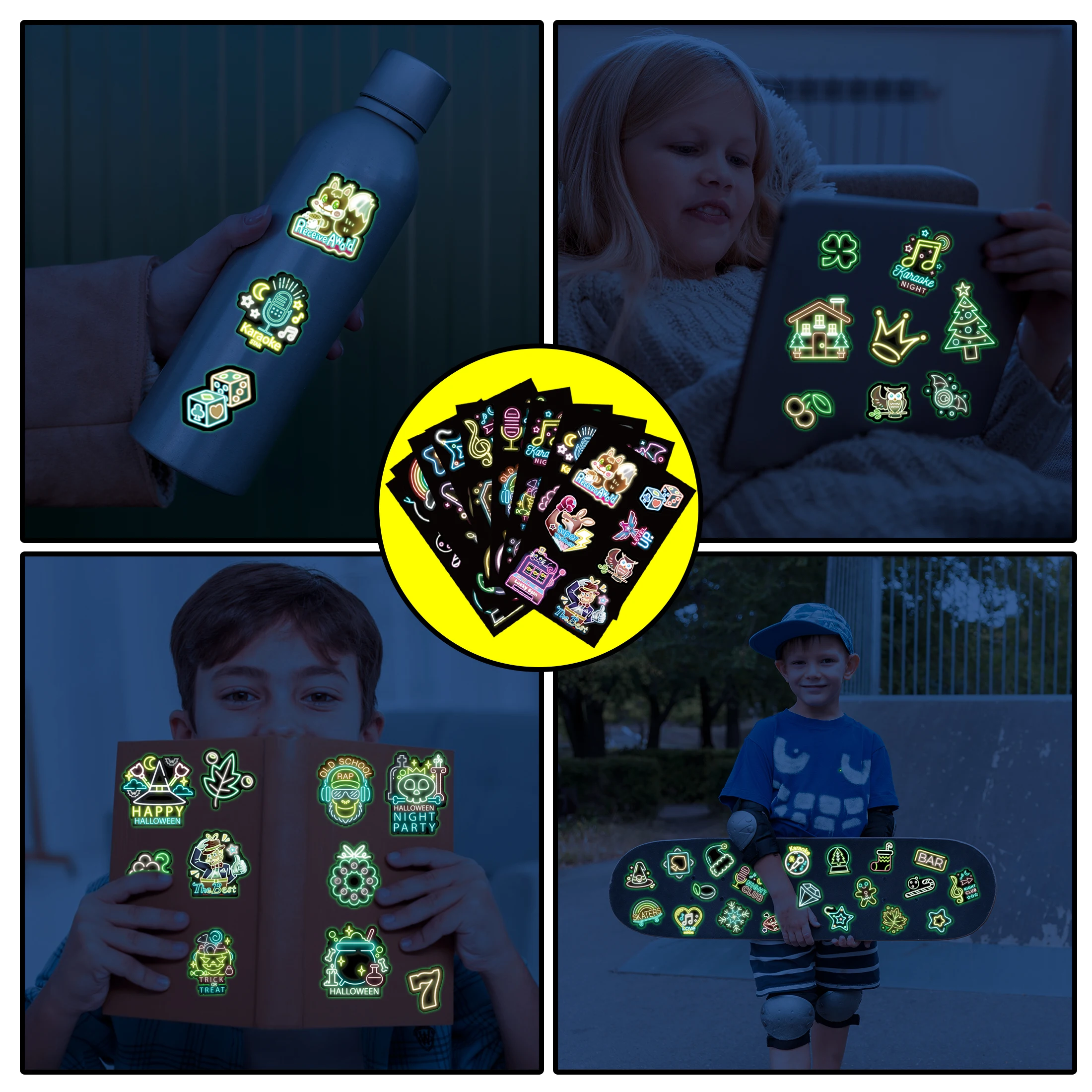 Neon Water Bottle Stickers for Kids Glow in The Dark, 59 PCS Vinyl Waterproof Stickers Pack for Laptop Skateboard Phone Case