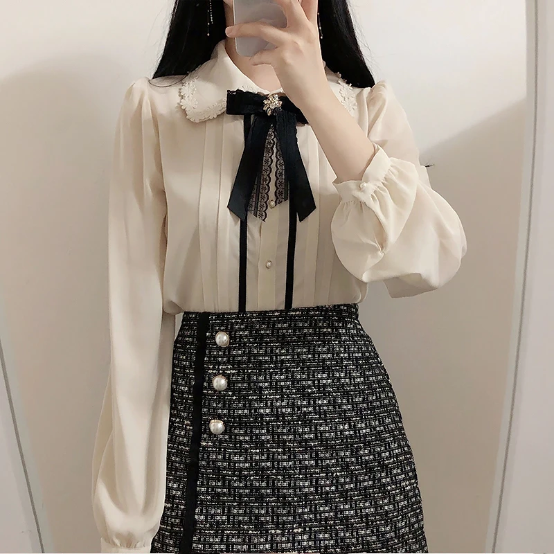 Gorąca sprzedaż damskie śliczne topy styl Preppy Vintage japońscy Korea Design guziki eleganckie formalne koszule do pracy bluzki