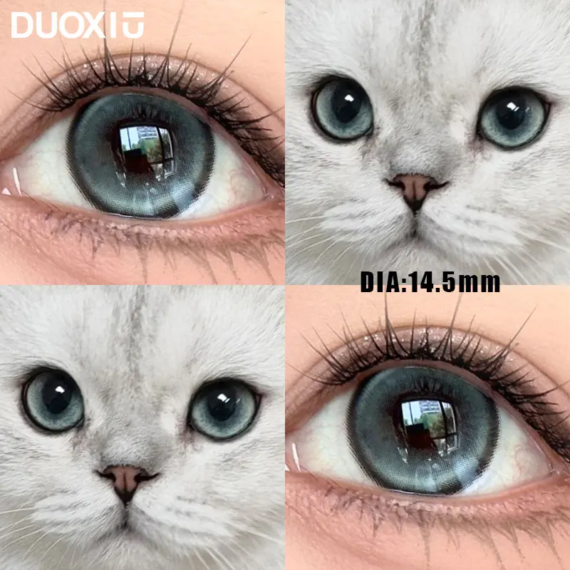 DuoXiu 1Pair Color Contact Lenses New Product Lan Cat Sclera Blue Green Lenses Degree Prescription -0.00 to -8.00 Beauty Pupils