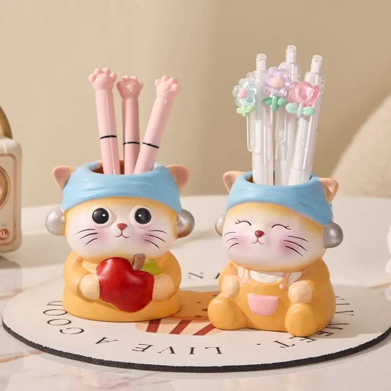 Ceramic Pearl Cat Pen Holder Makeup Brush Storage Box Office Bedroom Desk Organizer Decorative Ornaments Kawaii Desk Accessories