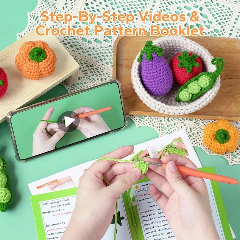 LMDZ 4Pcs Fruit/Vegetable Shape Knitted Set DIY Knitting Material Package with Steps Instructions for Beginners