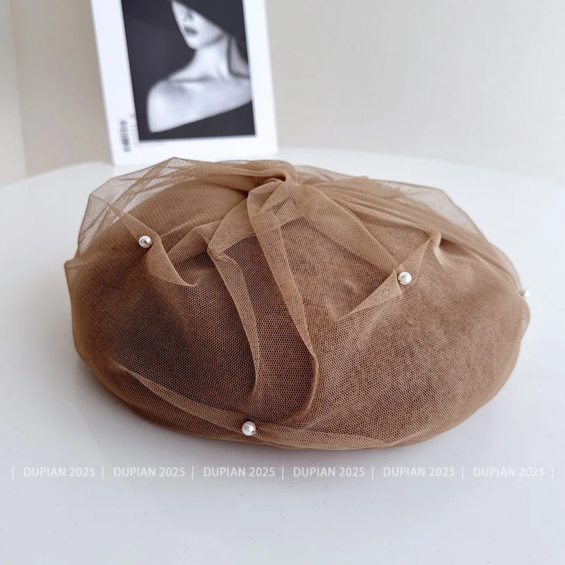 قبعات صوف شبكية من اللؤلؤ مخيطة يدويًا عالية الجودة مع قبعة رسام على طراز سيدة أنيقة ومتعددة الاستخدامات بلون اليقطين عصري