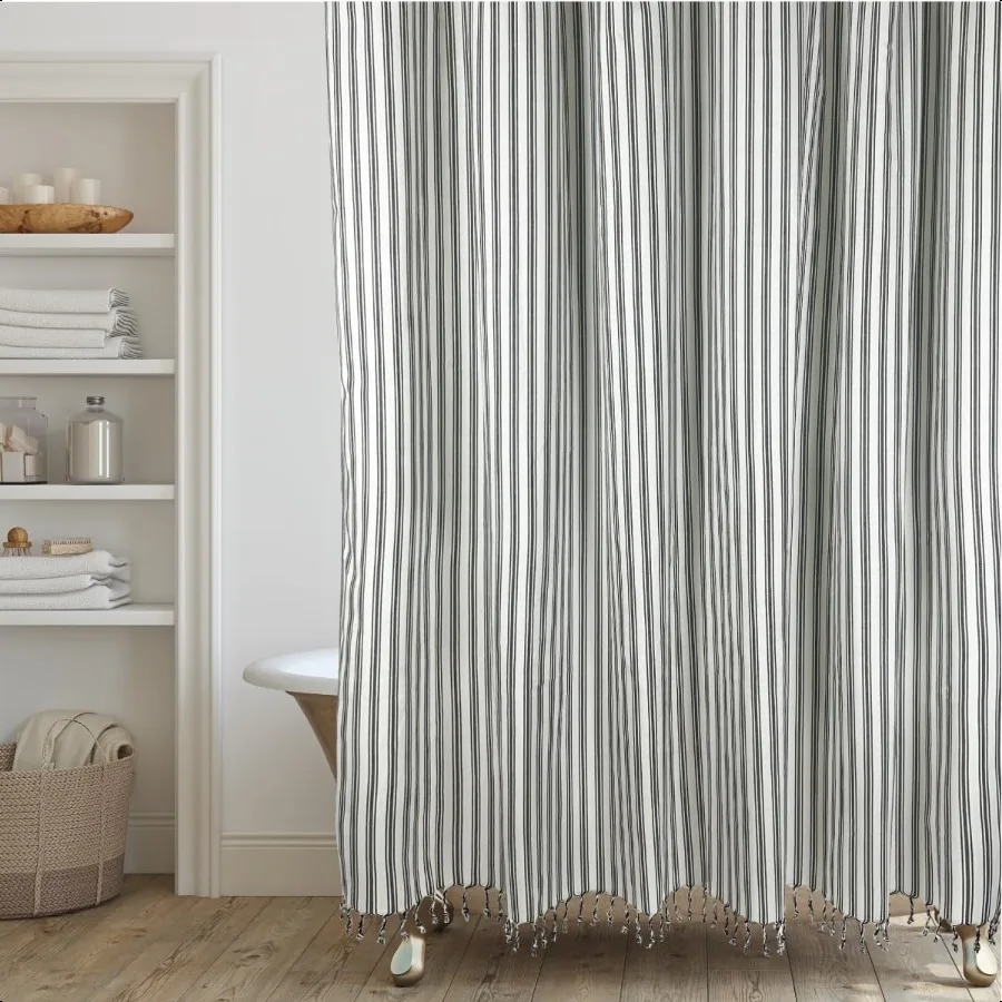 

Современная переходная полосатая занавеска для душа с кисточками в вертикальную черную и кремовую полоску 72 x 72