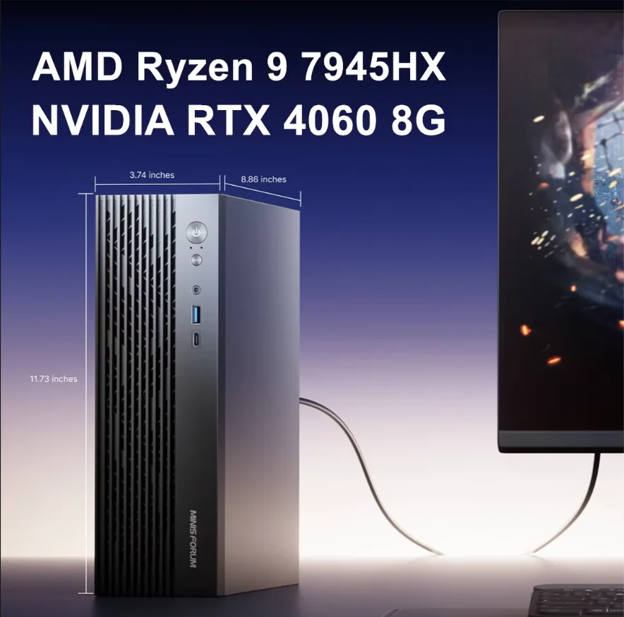 Игровой мини-ПК Minisforum AMD Ryzen 9 7945HX 16-ядерный 32-ниточный NVIDIA RTX 4060 8G 2 * DDR5 Windows 11 Gamer Tower Компьютер