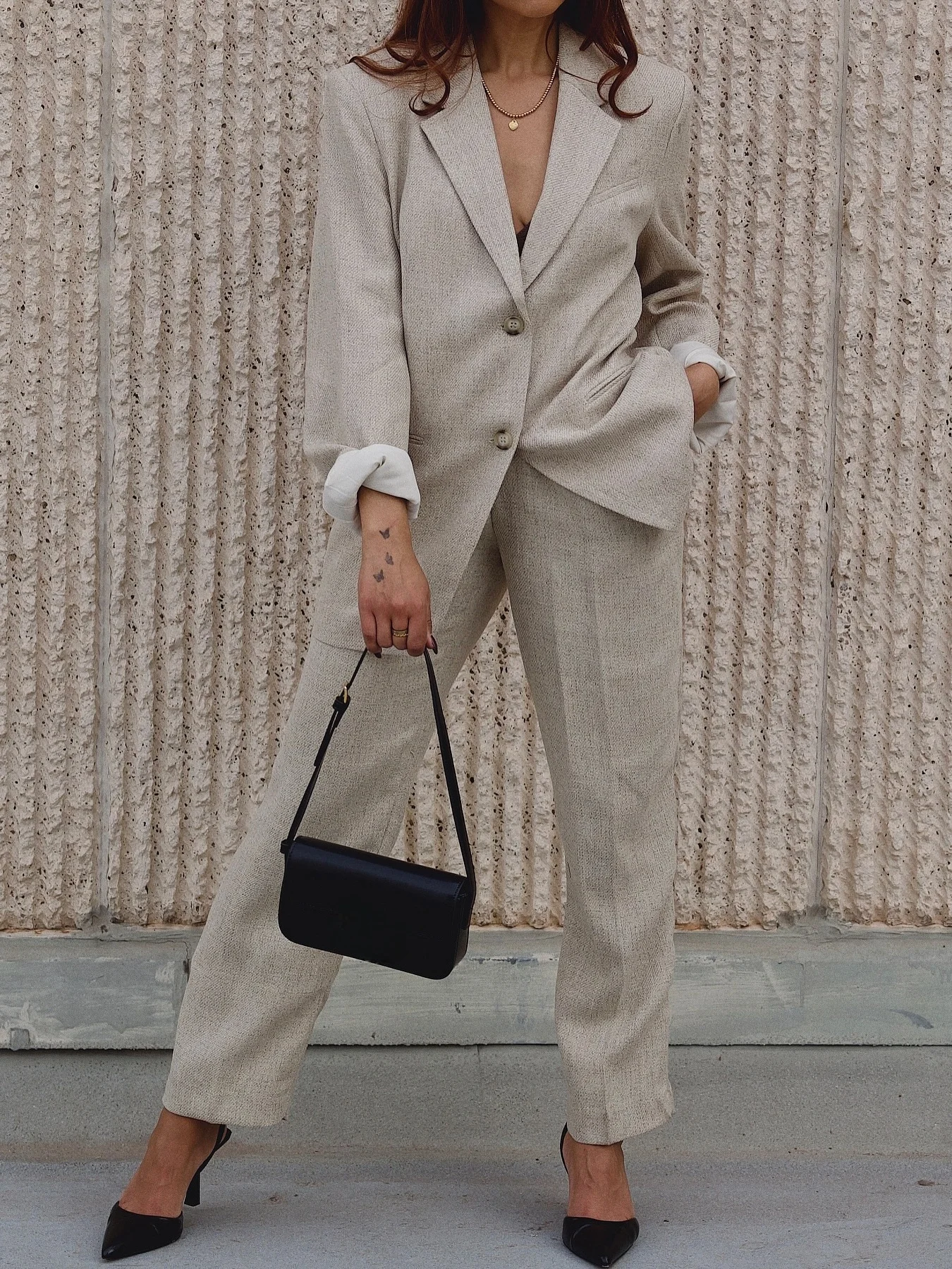 숙녀 새로운 레트로 투피스 오피스 리넨 혼합 양복 재킷 긴 바지 세트 어깨 패드 재킷 압연 바지 세트