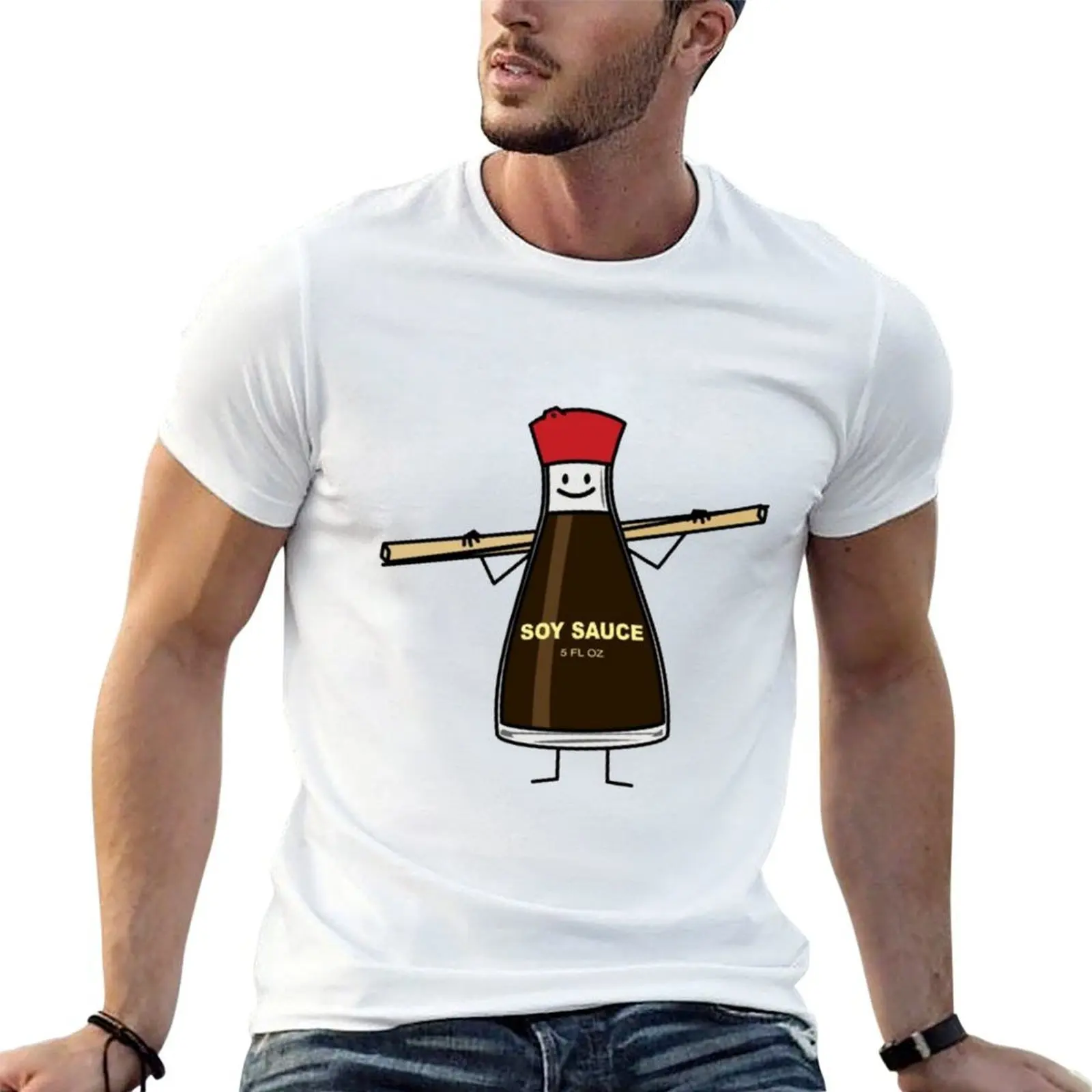 Botella de salsa de soja condimento palillos asiáticos Camiseta de algodón 100% camisetas para hombre camiseta de marca de lujo de alta calidad
