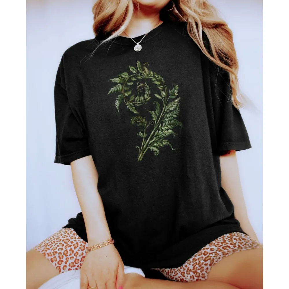 Witchy Fern Leaf Womens Tshirt Forest Botanical Cotton Tee Short Sleeve Summer Tops Nature Lover Gardening Gift for Botanist Tee