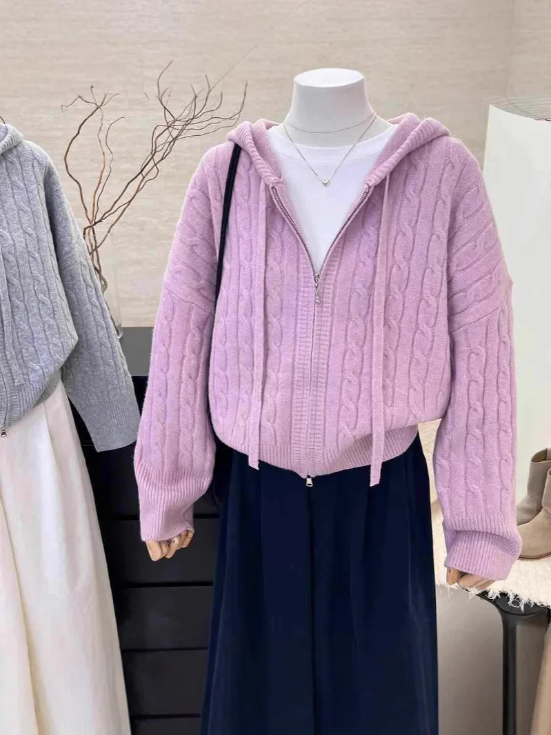 

Мягкий теплый свободный кардиган на молнии с жареным тестом, однотонный модный вязаный свитер с капюшоном, весна-осень 2024, новое женское пальто