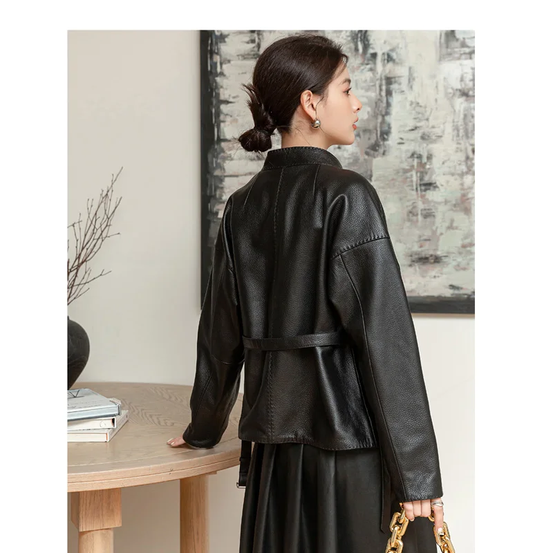 Women Clothing Elegant Female Genuine Leather Coat Round Neck Pleated Belt  Jackets Streetwear Black Office Lady