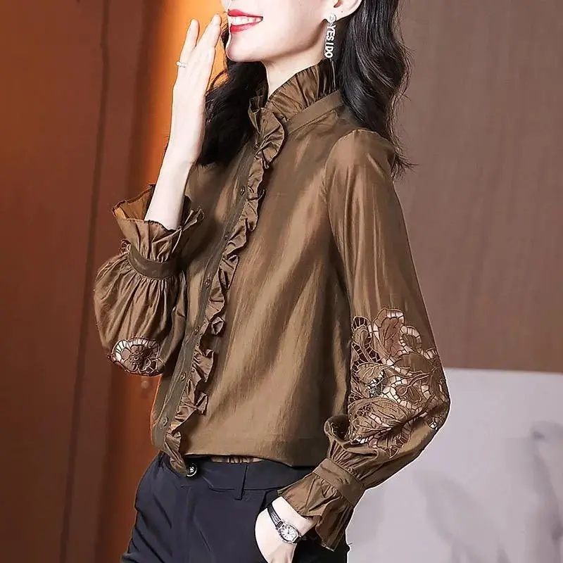 Elegant Female Vintage Ruffles Spliced Shirt Hollow Out Long Sleeve Stylish Stand Collar Solid All-match Blouse Women\'s Clothing