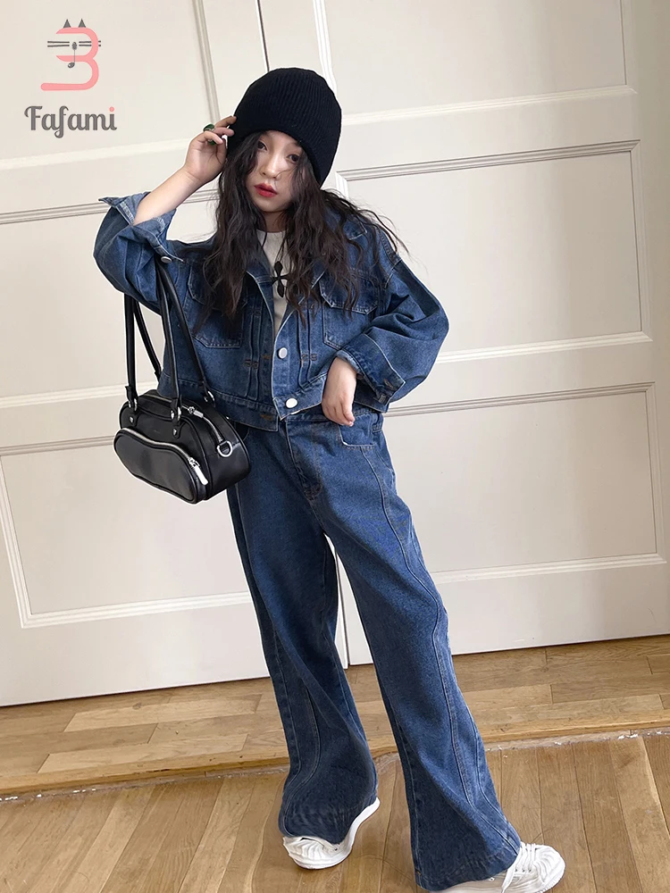 Baby Girl Clothes Kids Clothes Girls Chic Denim Short Jacket High Waisted Jeans Wide Leg Pants Children\'s Clothing Denim Suit