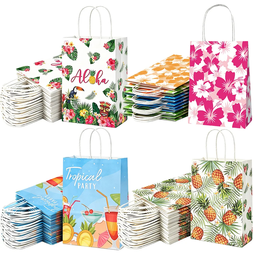 4-40 pièces Sacs cadeaux en papier hawaïens Aloha tropicaux, imprimé ananas et hibiscus, avec poignée, pour l'été, le Luau, la piscine, la plage, les anniversaires