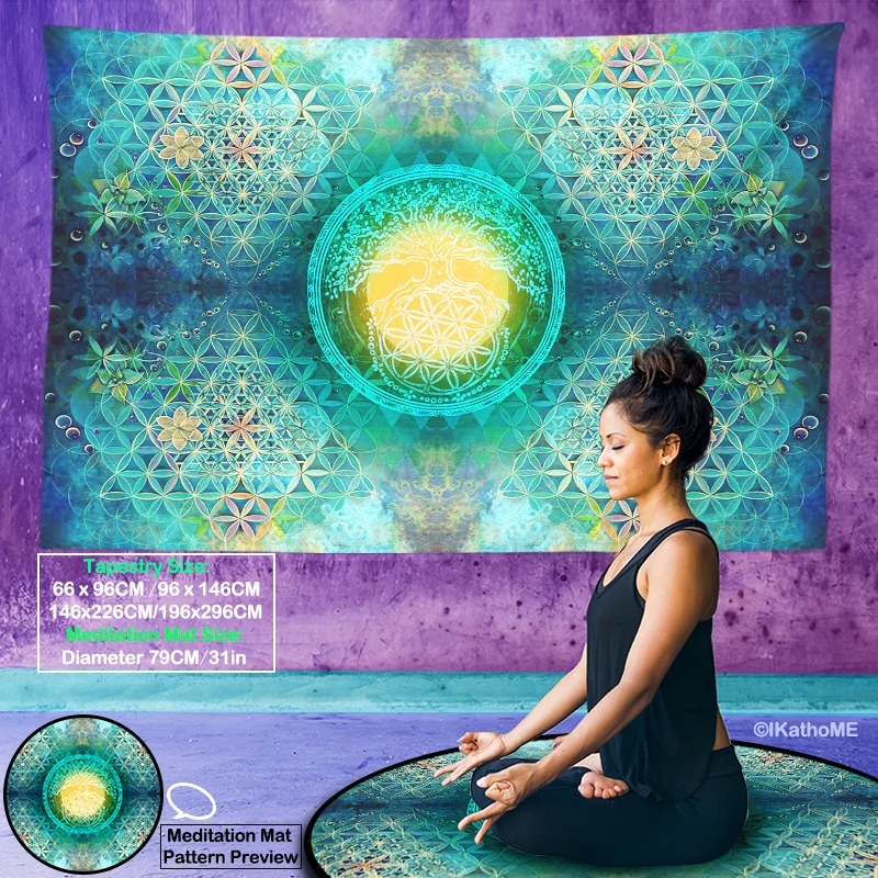 Mint Green Tree Flower of Life Tapestry Wall Hanging Pagan Altar Cloth Spiritual Energy Home Decoration Reiki Boho Wall Cloth