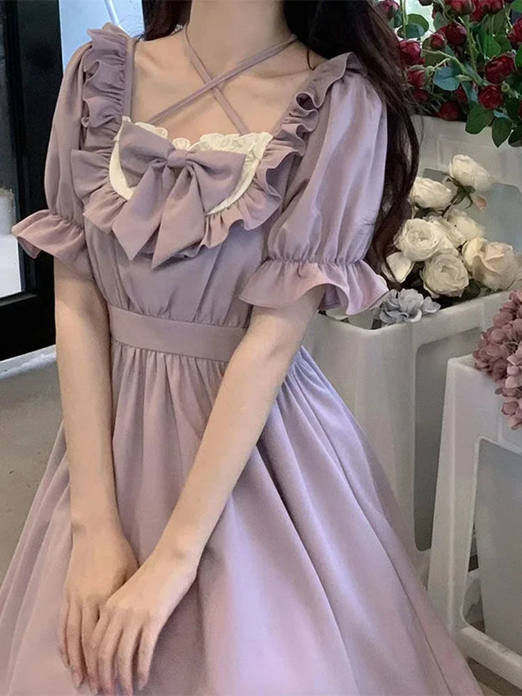 2024 Summer Bow Soft Girls Sweet Kawaii Lolita Dress Solid Women Japanese Cute Ruffles Wrap Puff Sleeve Halter Short Dresses