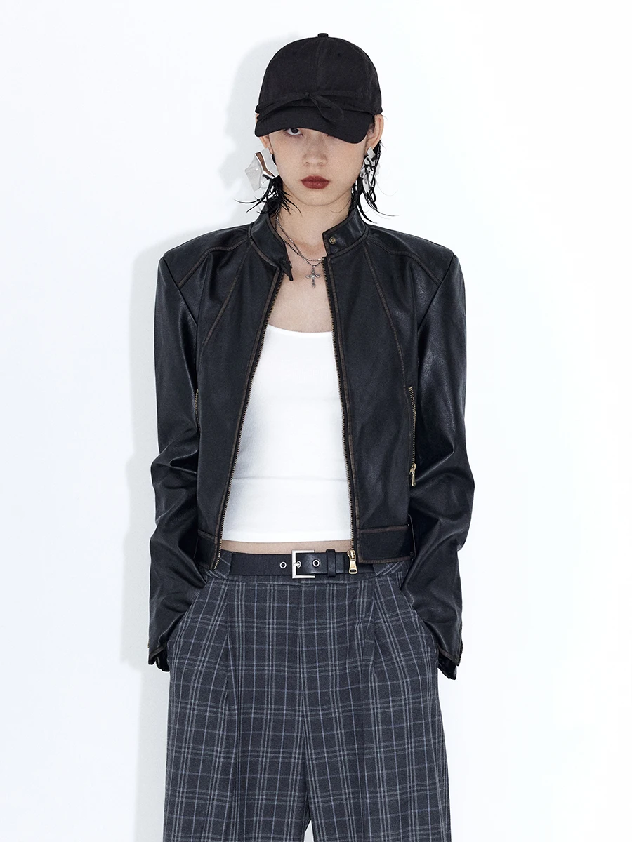 

Женская кожаная куртка Ourhour в винтажном стиле, коричневая, приталенная, на молнии, осенняя, мотоциклетная, уличная, с длинными рукавами