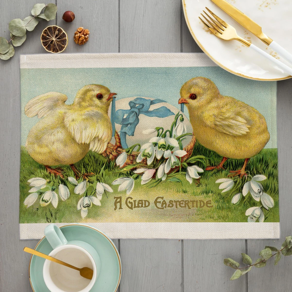 Vintage French Easter Placemat Farmhouse Cute Chick Linen Dining Table Mats Coaster Pad Bowl Coffee Cup Mat 45x32CM