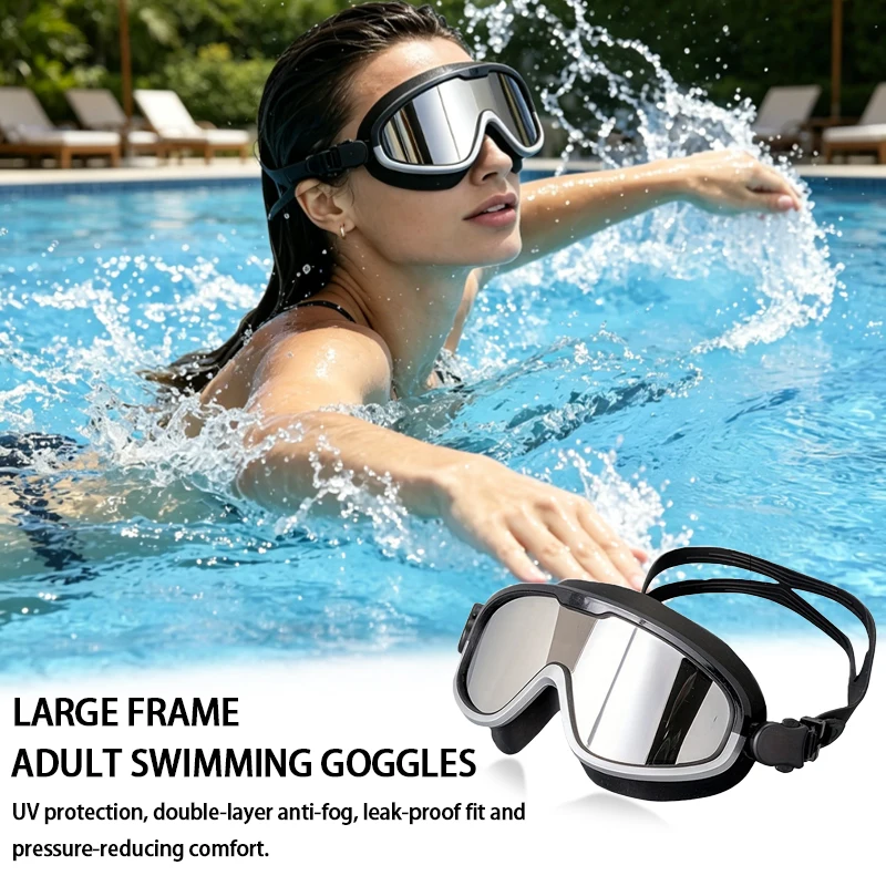 Adult Large Frame Swimming Goggles, Electroplated Anti-Fog UV Protection Waterproof Wide View Swim Glasses for Pool Beach