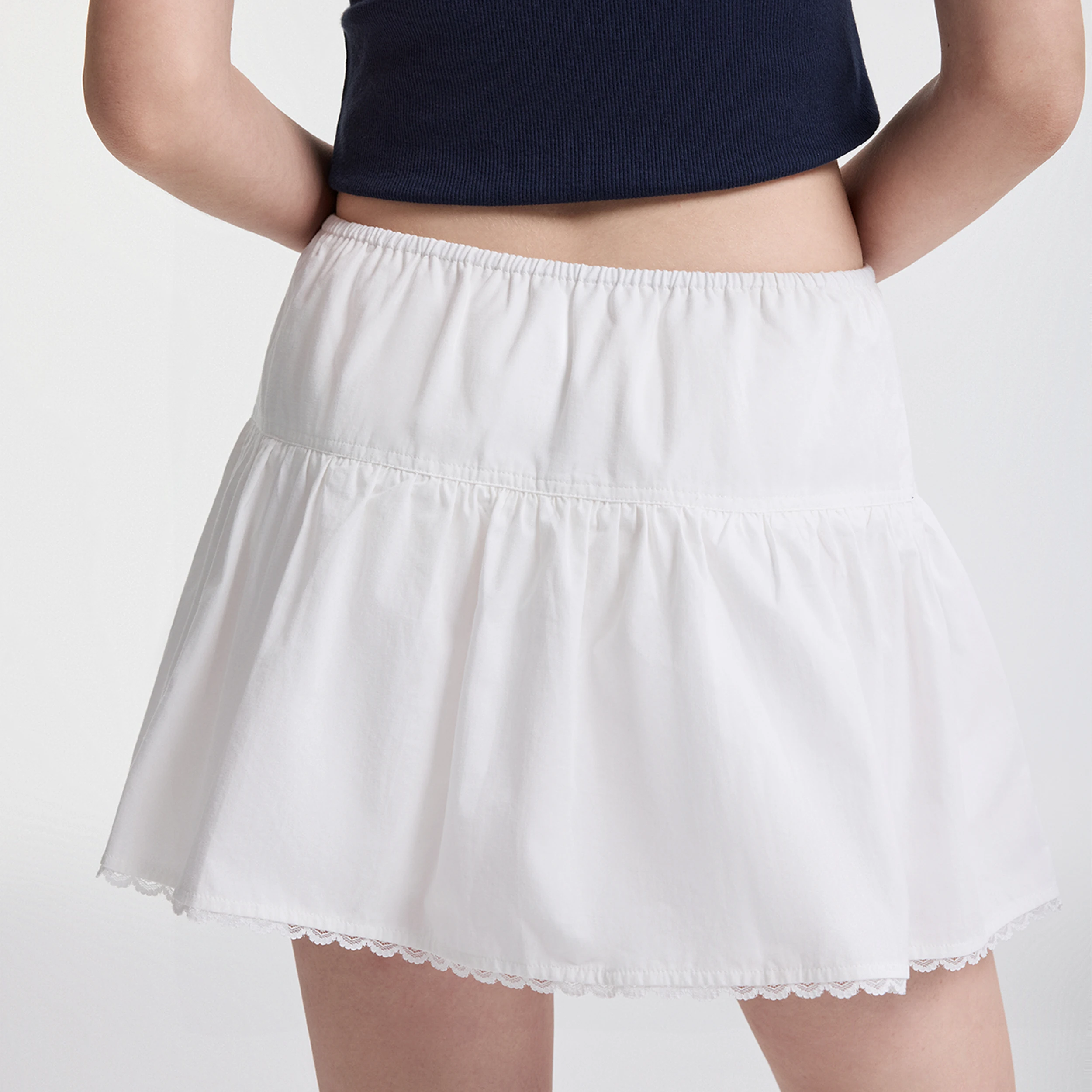 YESCCI Cozy Mini Skirt Ruffle Hem Lace Trim Elastic Waist A-Line Skirts For Women 2026 Summer Built-in Shorts Skirts S56446149