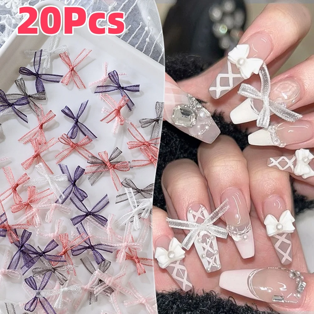 20 Stück 3D Organza Schleife & Band Nagel Charms Mini Spitze Schleife Nail Art Dekoration für Hochzeit/Handwerk/Maniküre/Haarbekleidung DIY Zubehör