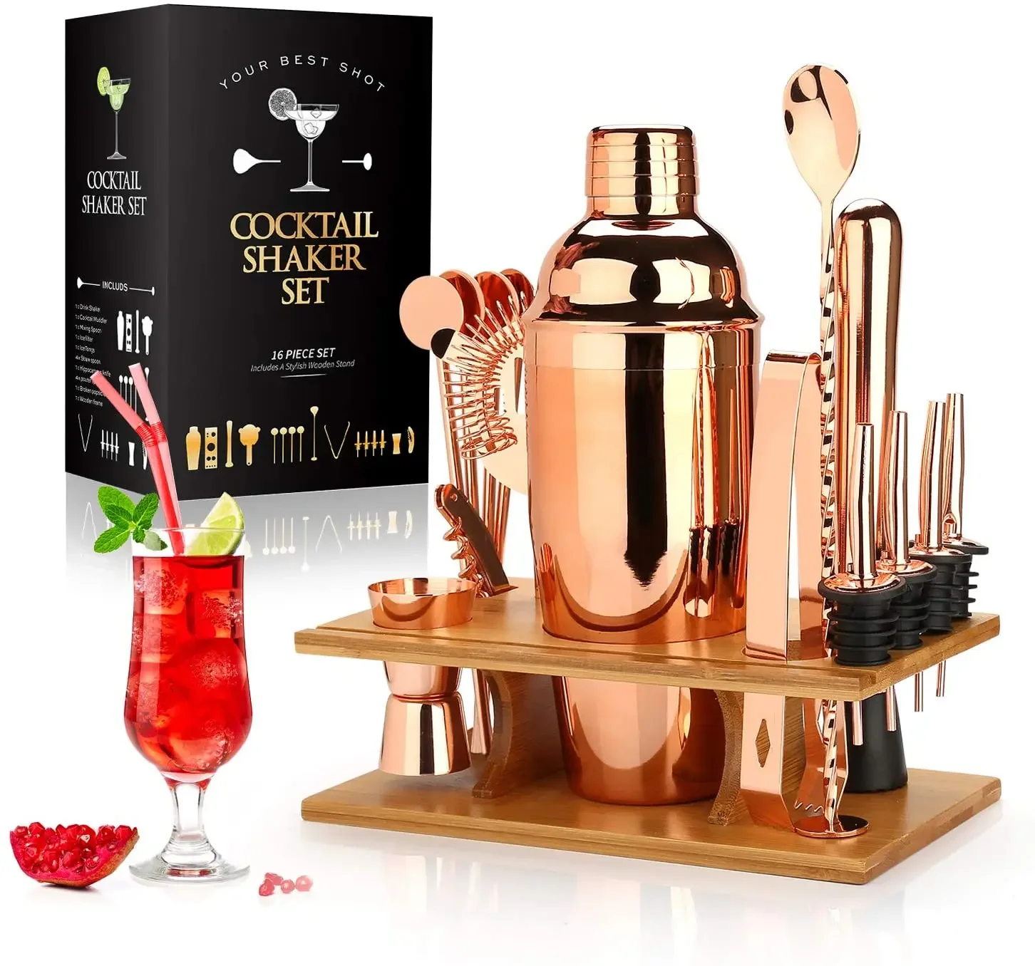 Cocktail Shaker Making Set,16pcs Bartender Kit For Mixer Wine Martini, Stainless Steel Bar Tools, Home Drink Party Accessories