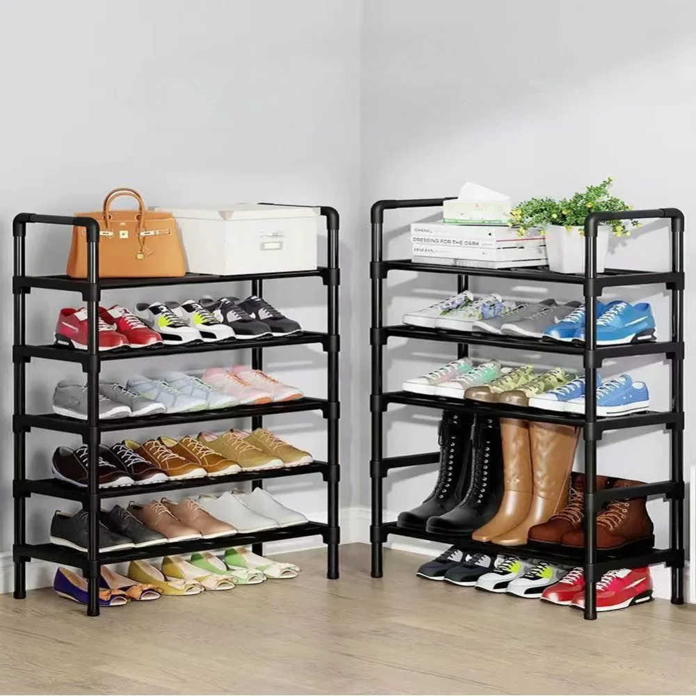 Foldable Shoe Rack 3/4/5 Tier Footwear Organizer Fashion Metal Load-Bearing Space Saving For Living Room Black Corner Shoe Shelf