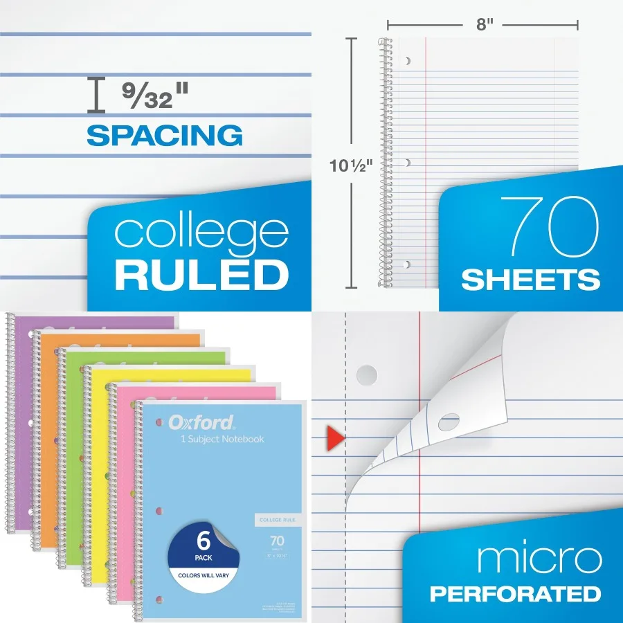 

Блокнот на спирали, 1 предмет, бумага для колледжа, линейка, 8 x 10-1/2 дюйма, пастельно-розовый, оранжевый, желтый, зеленый, синий и фиолетовый, 70 листов, набор