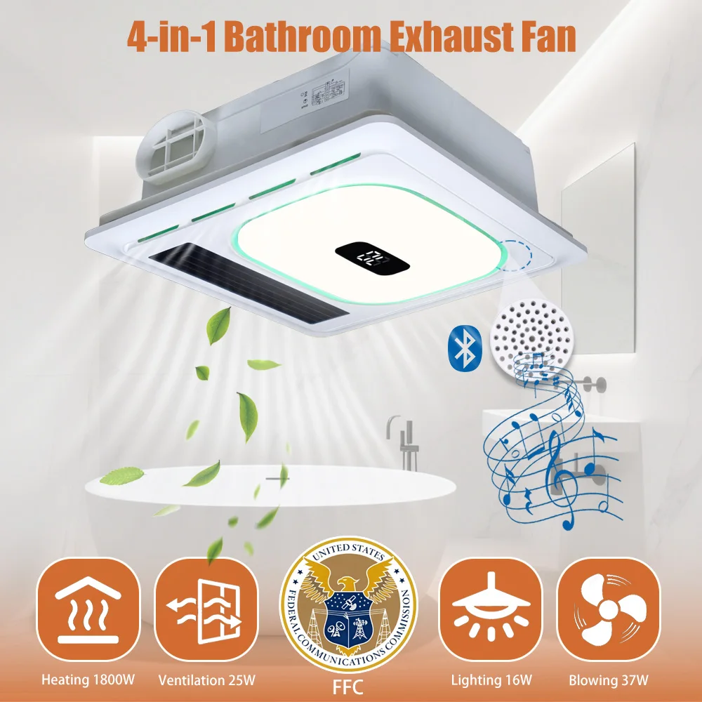 

4-in-1 Bathroom Exhaust Fan with Bluetooth Speaker 1800W Heater 180 CFM Quiet Ventilation Easy Install for Home