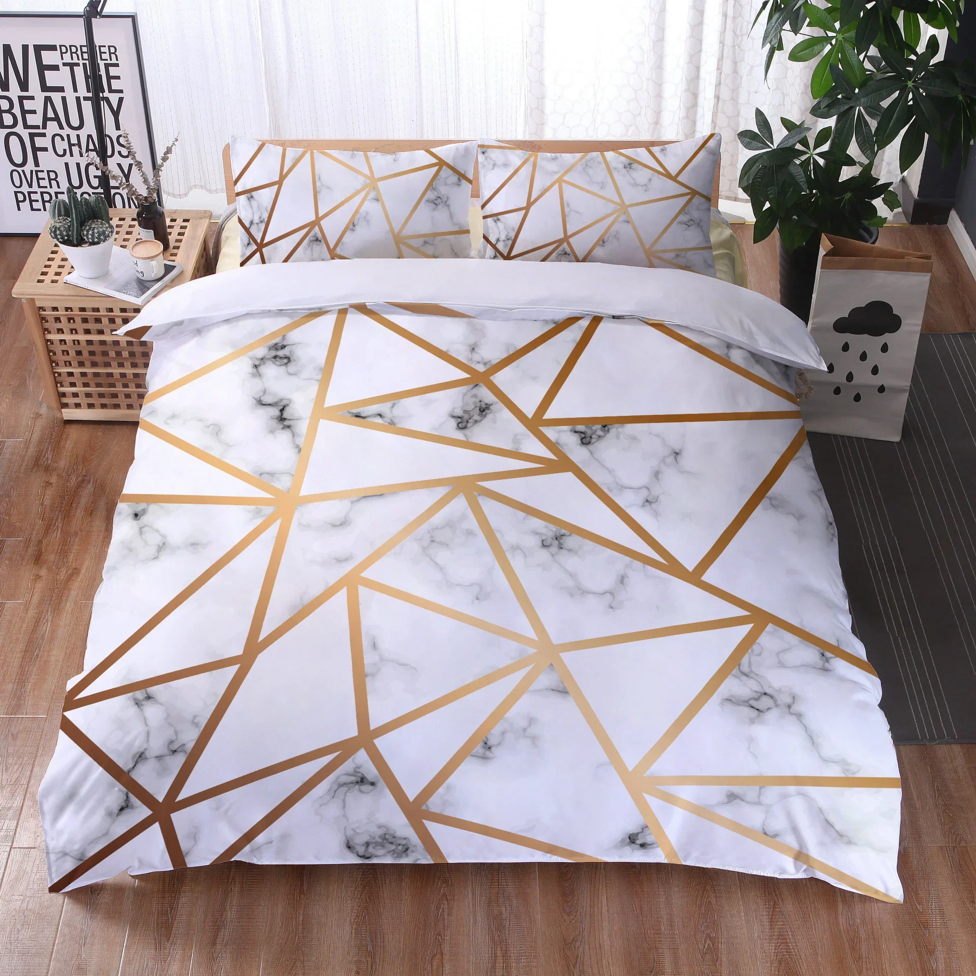 3D Marble Duvet Cover Abstract Geometric Bedding Set Pink Golden Triangle Comforter Cover Queen/King For Boys Girls Teen Bedroom