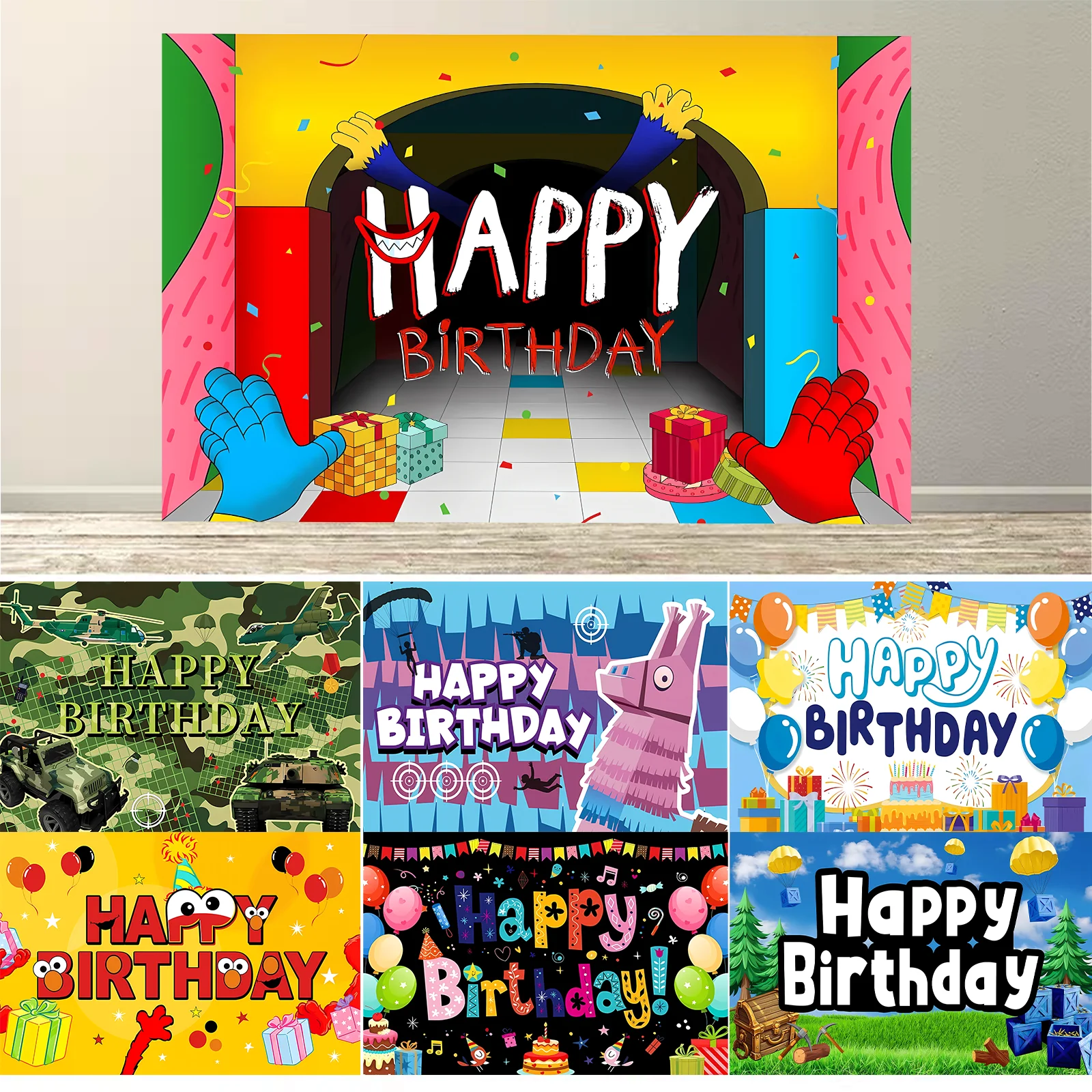 

Video Game Happy Birthday Backdrop Colorful Cartoon Children Party Banner Photography Background Cake Table Decorations Supplies