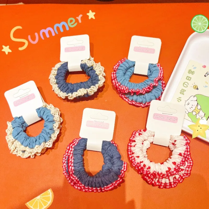 Lace Trim Denim Hair Ties Red Blue Contrast Plaid Sweet Versatile Non Damage Soft High Elasticity Non Slip Ponytail Holders Girl