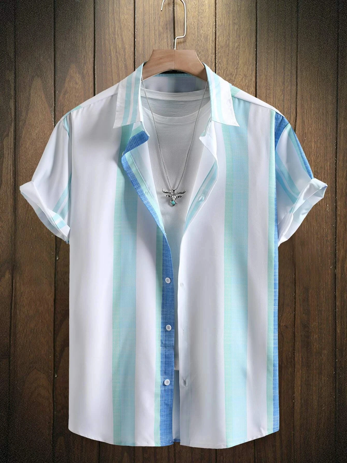 Men's Lapel Shirt Fashion Personalized Striped Ethnic Print Design Women's Short Sleeve Seaside Button-Down Shirt Top