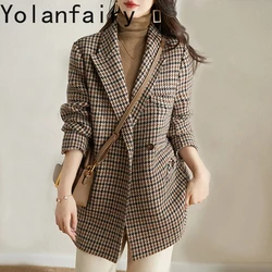 Double-sided 100% Wool Jacket for Women 2024 Autumn Winter Street Fashion Plaid Woolen Coat Elegant Blazers Jaqueta Feminina