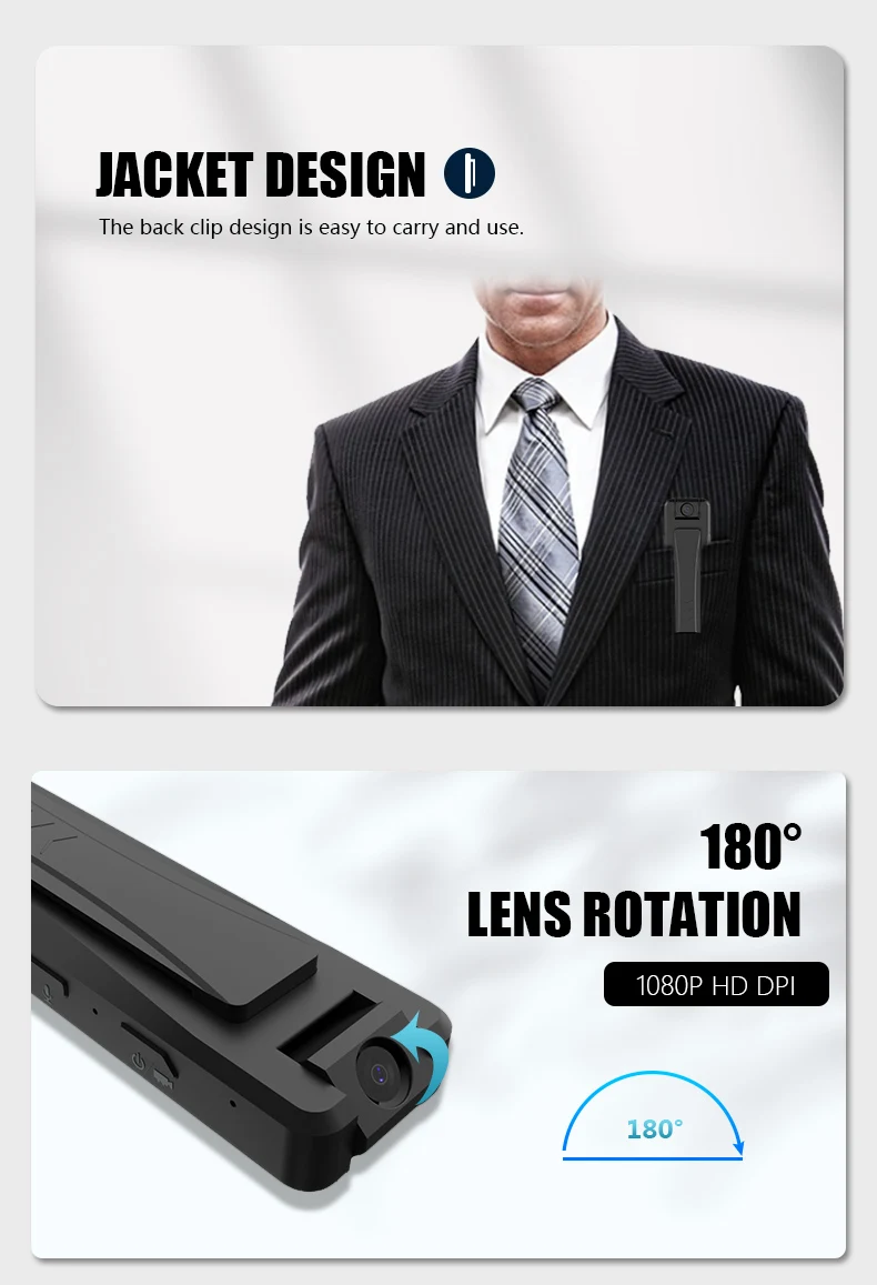 Obrotowy korpus obiektywu, noszony na ciele, mini rejestrator wideo i dźwięku 1080p, z funkcją bezpieczeństwa.