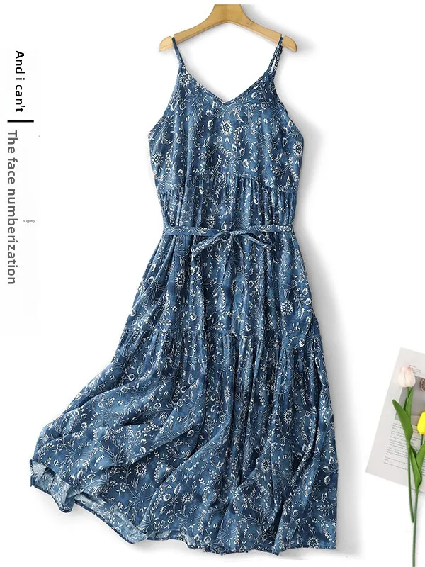 

Korean Japanese Style Long Sleeveless Dress Women's plus Size Printed Artistic Holiday Cotton Halter Dress Commute Style