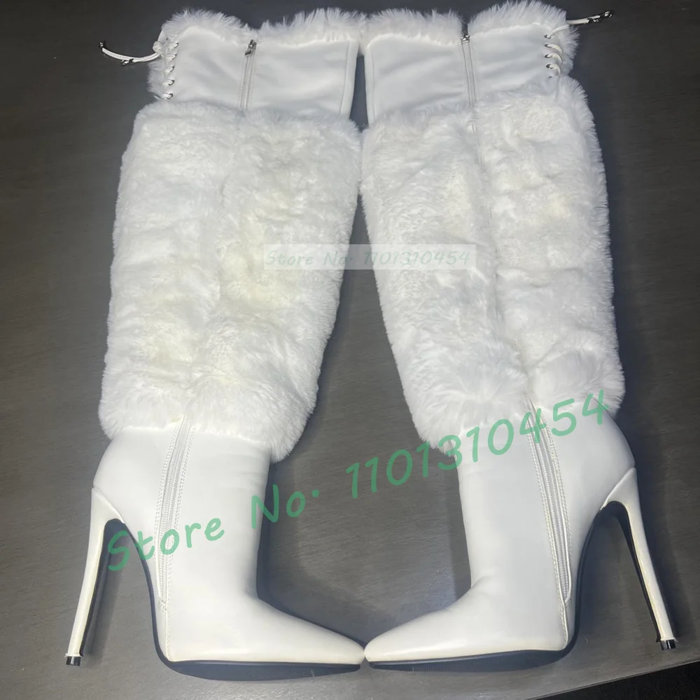 White Fur Wrap Over-knee Boots Women Fashion Winter Fuzzy Pointy High Heels Snow Boots Ladies Black Lace-up Warm Dress Shoes